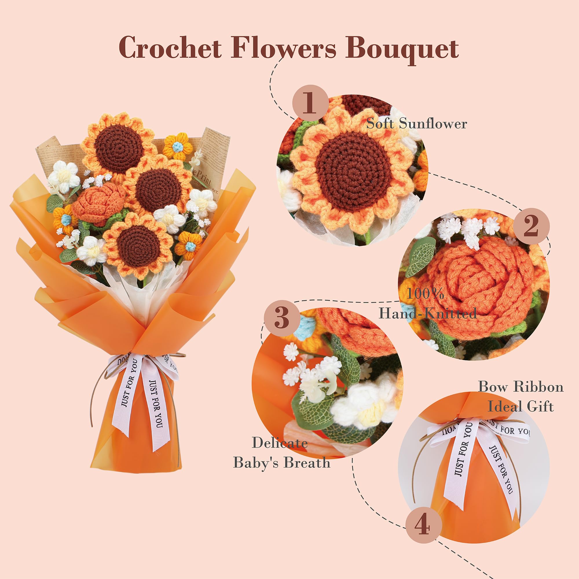 EZsenses Fiori all'uncinetto fatti a mano - Bouquet di fiori all'uncinetto completato per decorazioni casa, festa della mamma, matrimonio - Fiori artificiali lavorati a maglia, girasole - Elegante