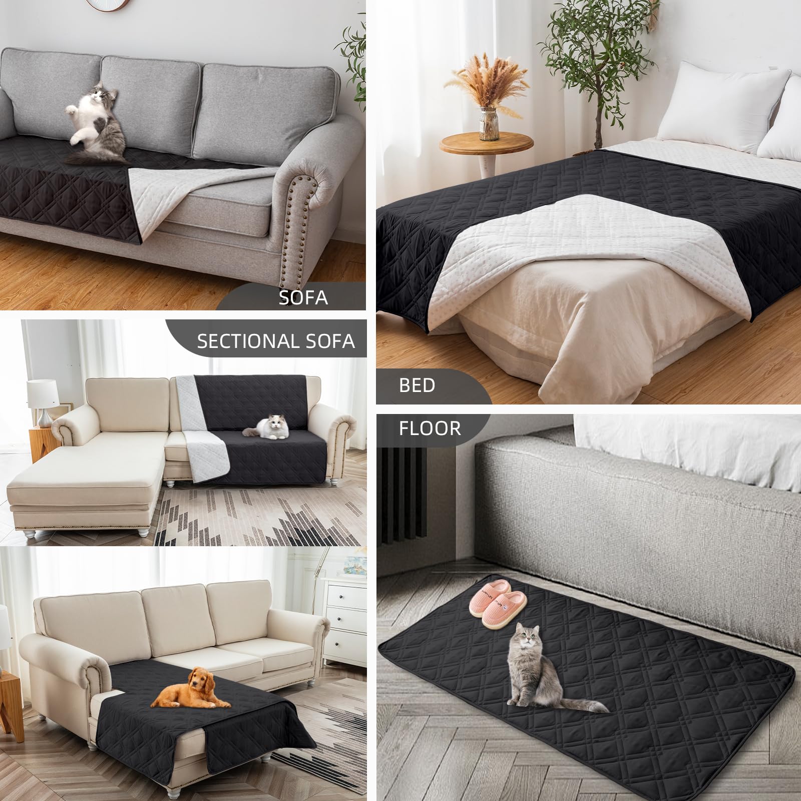 Matelas Imperméable pour Chien Chat,Plaid Chien,Couverture Chien,Canapé pour Chien,Housse de canapé antidérapante,Tapis de Protection Lavable,Housse Siege Voiture (208x208cm,Noir)