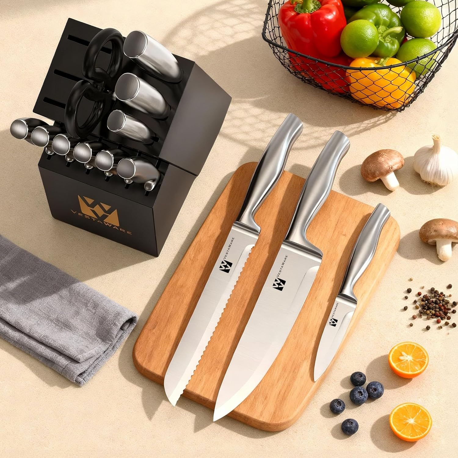 Knife Block Set, Razor-Sharp Kitchen Knife Sets, Stainless Steel Knife Set with Block, 14 Pieces Knives Set for Kitchen, Black Chef Knife Set, Dishwasher Safe, Gifts for Men