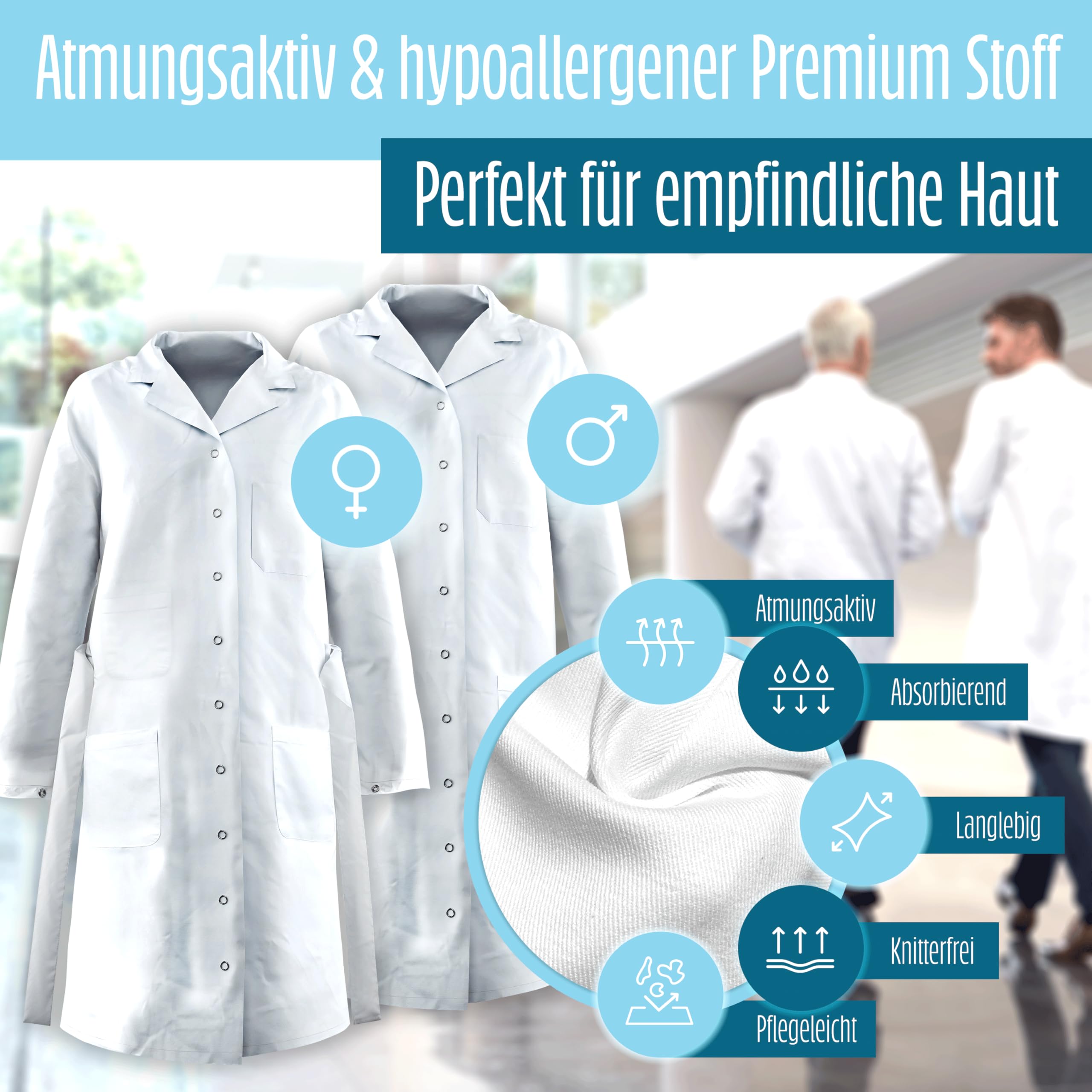 Bata de laboratorio blanca 100% algodón (200 g/m²) con múltiples bolsillos para laboratorios, hospitales, profesiones médicas, estudiantes, escuelas, para hombres y mujeres.