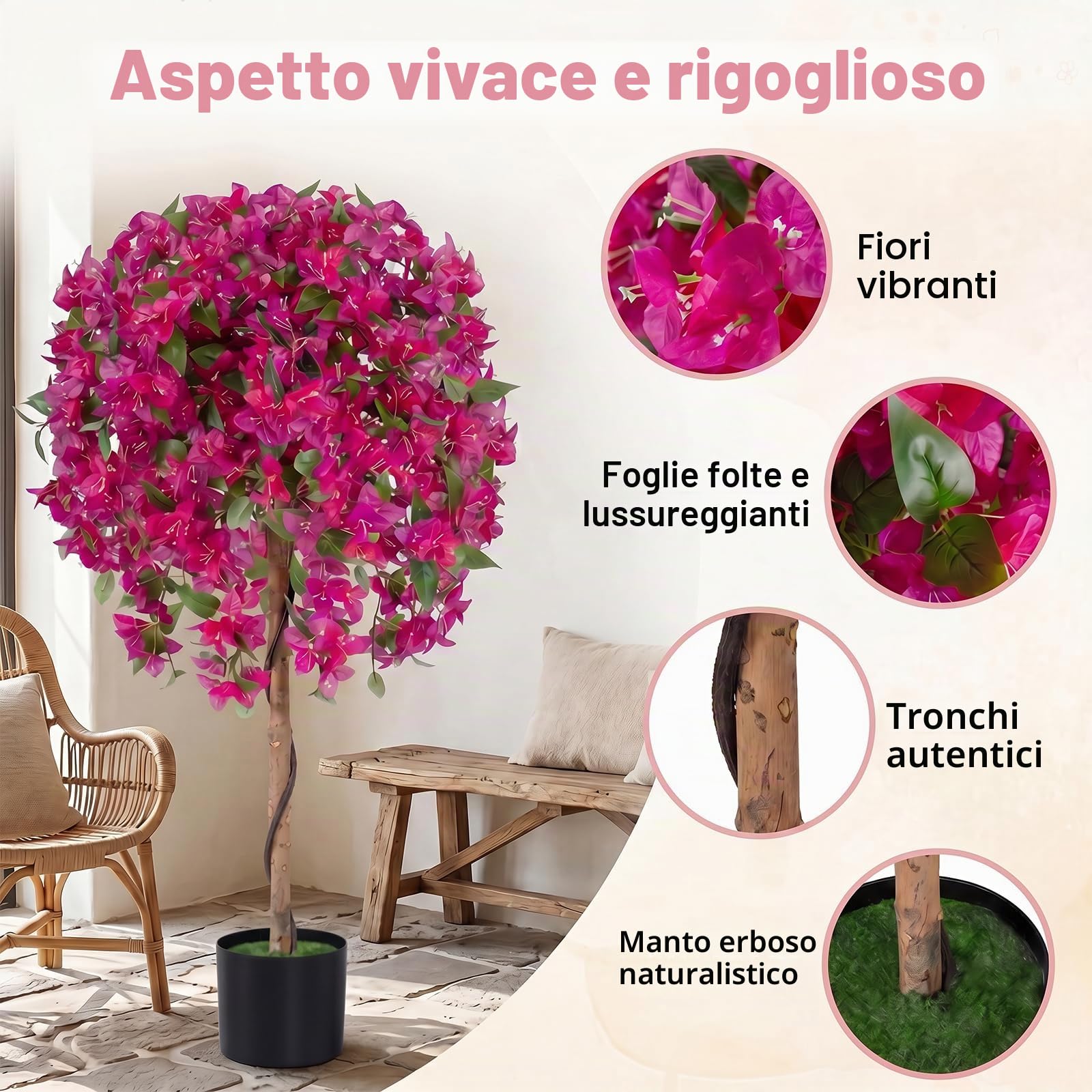 LIFEZEAL Set di 2 alberi artificiali bouganville 130 cm, pianta finta in vaso con fiori vivi, fogliame realistico, rami regolabili, base cemento stabile, decorazione per interni ed esterni, balcone