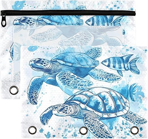 Kcldeci Estuche para lápices para carpeta de 3 anillas, peces tropicales y tortugas marinas, paquete de 2 bolsas para lápices con ventana