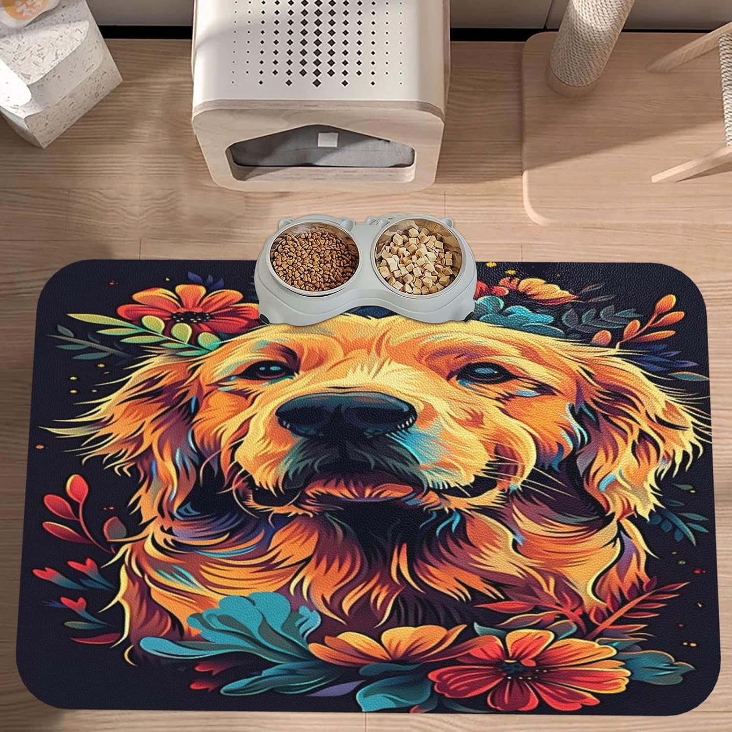 Golden Dog Floral (1) Pet Food Mat Dog Non-Slip Feeding Mat Cat Bowl Mats Pets Placemat for Food and Water 40x60cm