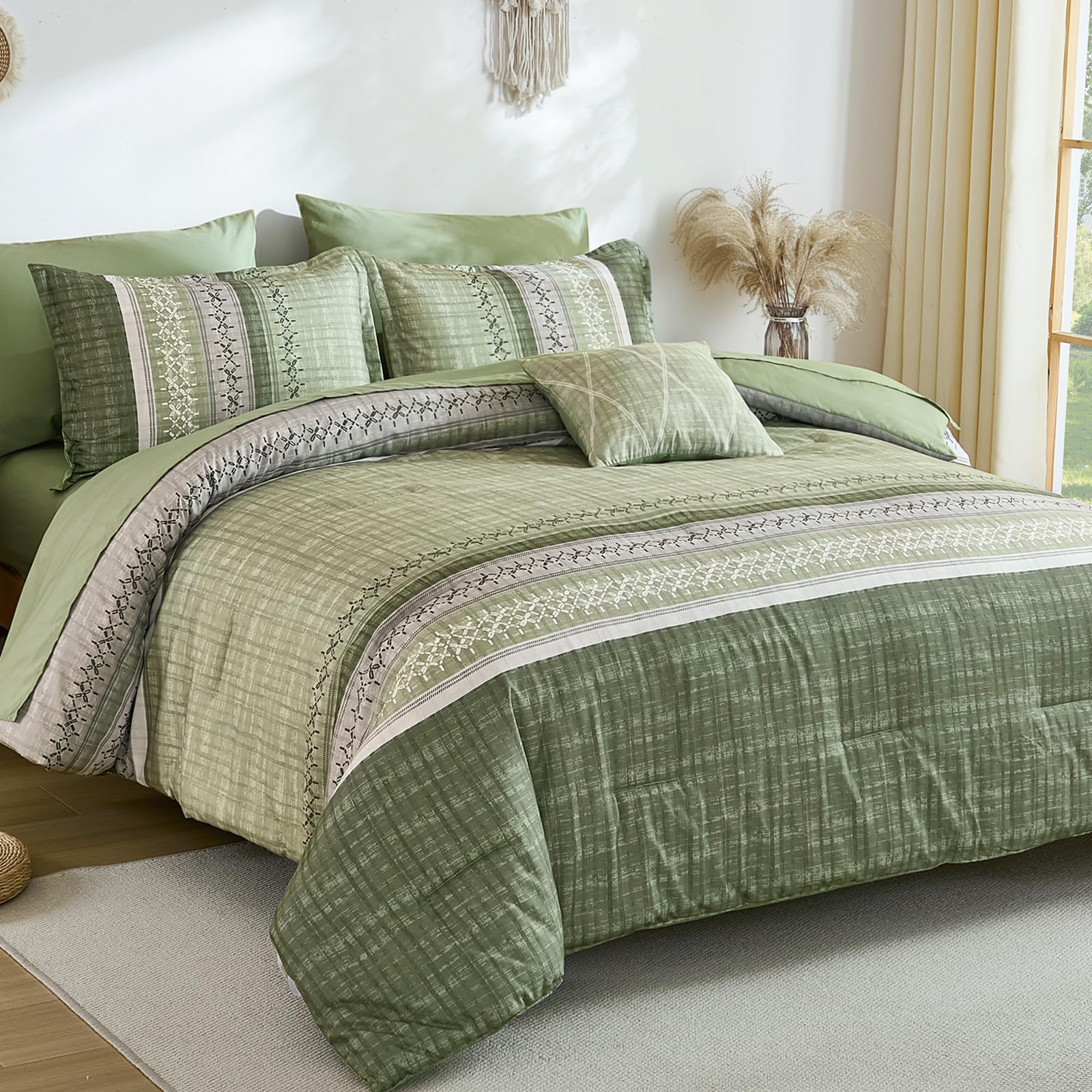 Dintszyayue Sage Green King Comforter Size Set, 8 Pieces Striped Boho Texture Bed in a Bag Sets, Lightweight Soft Bohemian Comforter and Sheet Set, All Season Microfiber Bedding Sets for Men Women