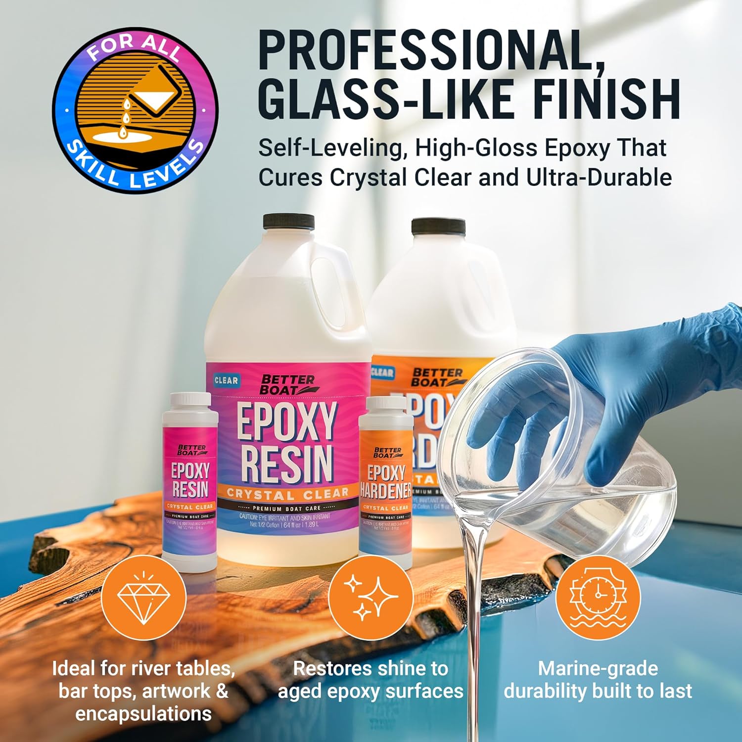 Epoxy Resin Crystal Clear 1 Gallon Kit, 2 Part High Gloss UV Resistant for Tabletop Wood Bar Top River Table Crafts Jewelry Casting - Better Boat