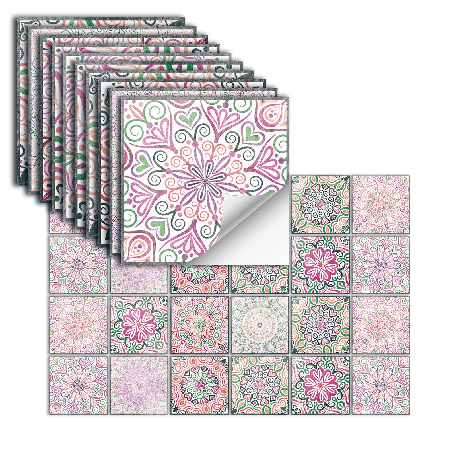 Peel and Stick Backsplash Tile, 24Pcs Adhesive Wallpaper, Glossy Wall Stickers Tiles Waterproof Oil Proof Removable Decals for Bathroom, Kitchen Backsplash & Adhesive Decor(15x15cm, Mandala - Pink)