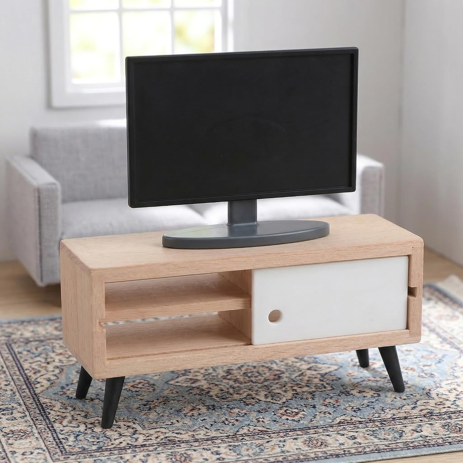 Toyvian Mini Tv with Cabinet 1/12 Scale Dollhouse Furniture Accessory Realistic Pretend Play Tv Set for Kids Miniature Television Ornament for Doll House Decor