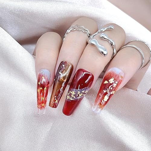 Miniatura 7 de Uñas de concha de tortuga, esmalte de uñas de gel naranja translúcido, transparente, rojo, coral, gris, ámbar, marrón, diseños de otoño, manicura,