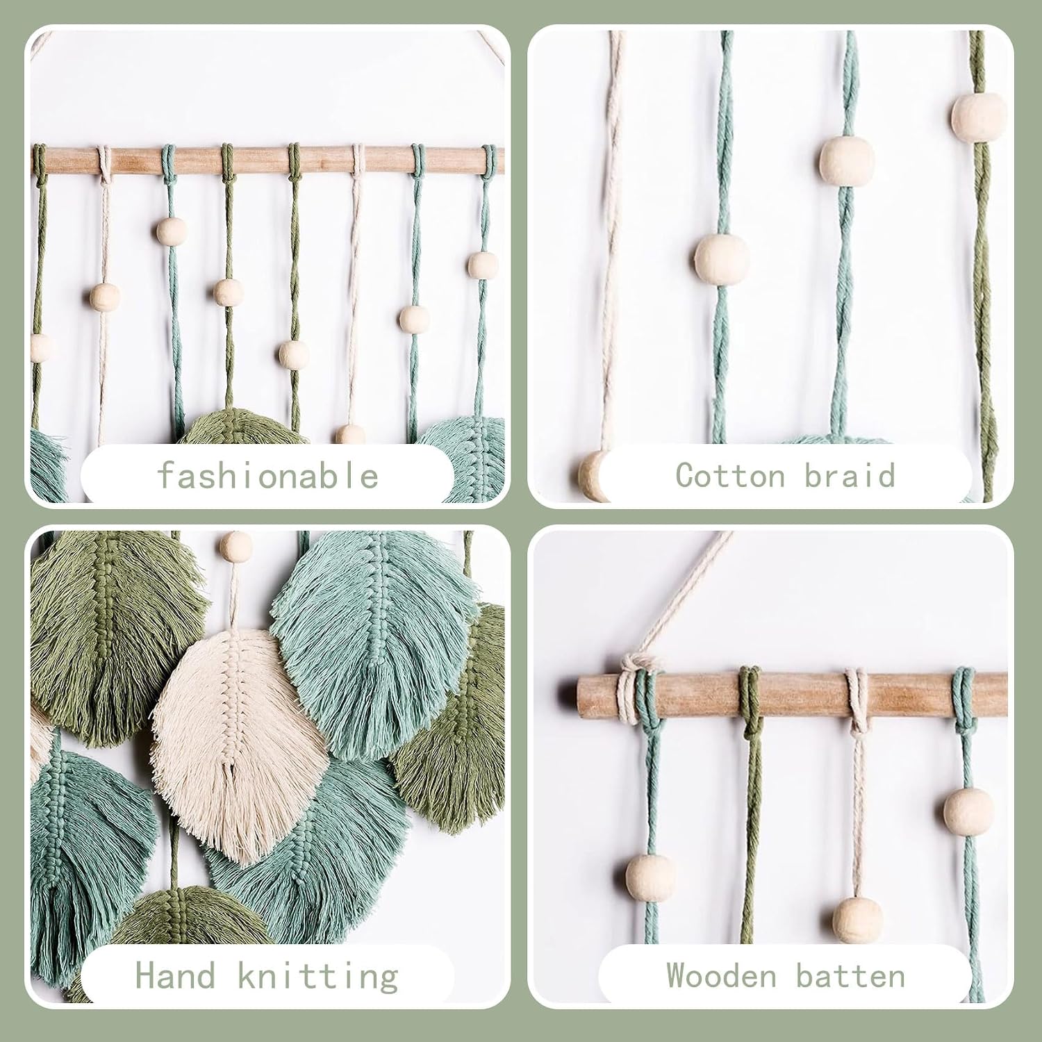 HVEST Green Macrame Wall Hanging Boho Wall Decor Macrame Leaf Wall Hanging,Green and Beige Woven Tapestry Bohemian Decorations for Bedroom Living Room Dorm Nursery Apartment Decor,25.5L x 15.7W inches
