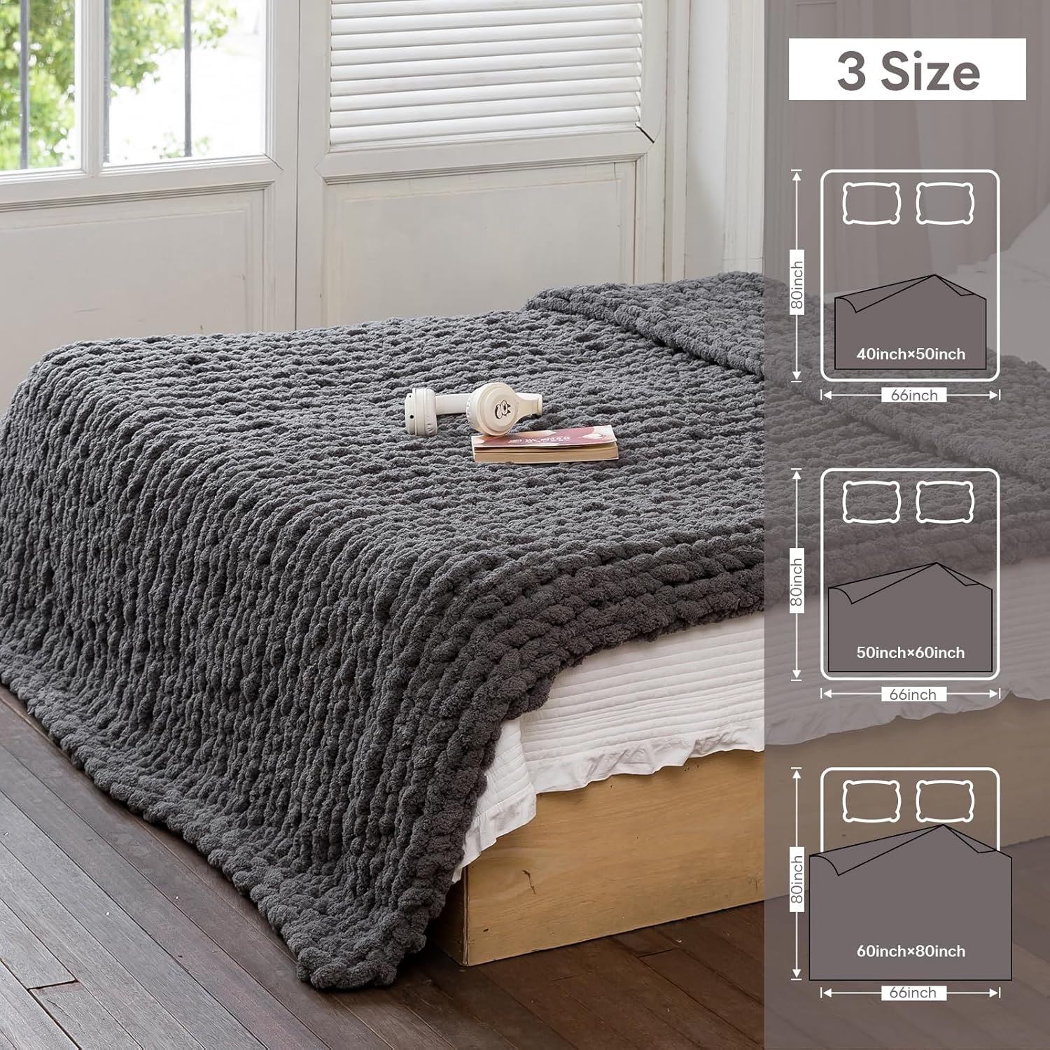Chunky Knit Blanket - Luxury Soft Cozy 50 * 60 Throw Blanket,100% Woven Blanket Rope Knot Throw Blanket for Couch, Sofa, Home Decor, Gift - Machine Washable (Black Gray, 50 * 60) - Image 4