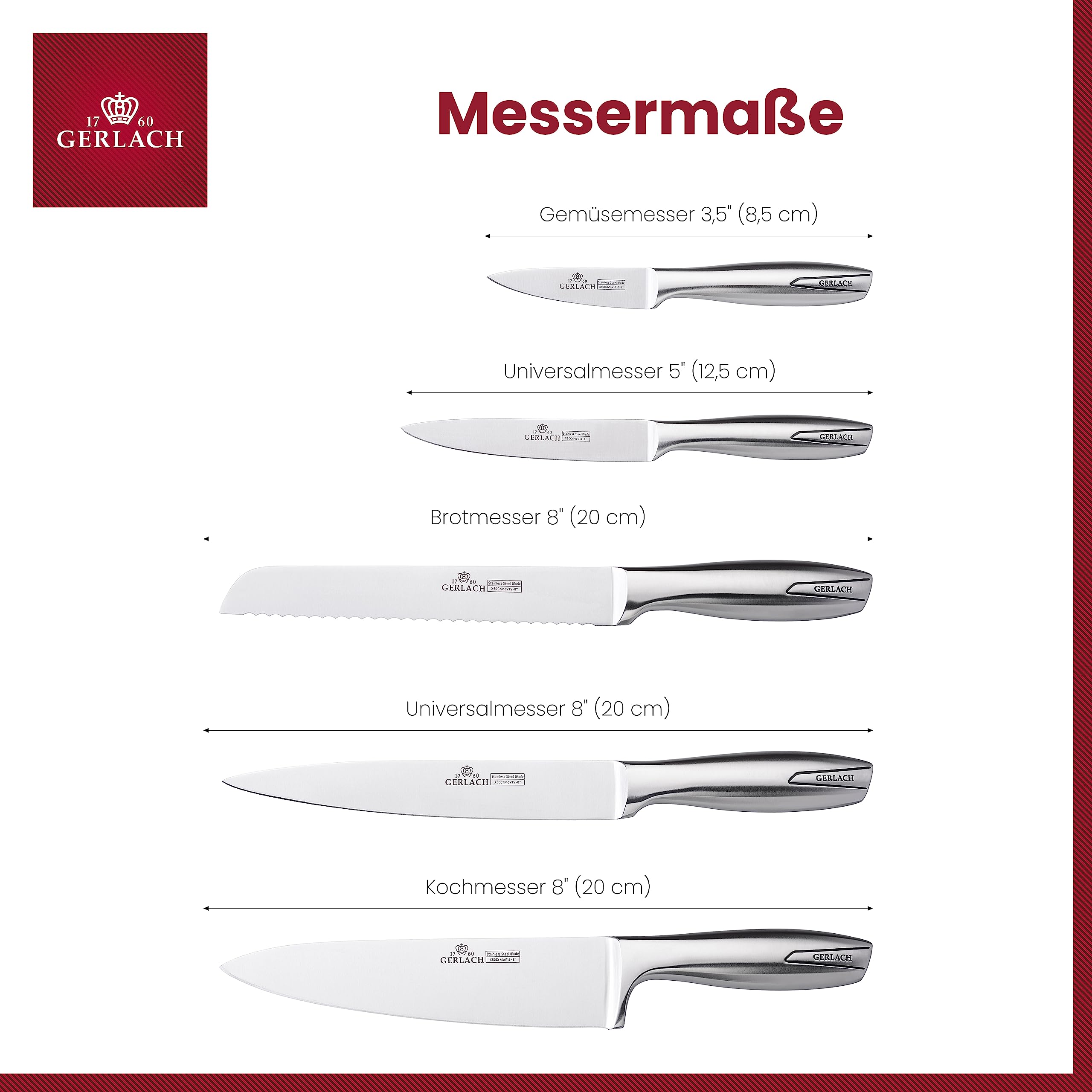 Gerlach 1760 Modern Messerblock Messerset Küchenmesserset 5 Messer Edelstahl Küchenmesser im Block Weiß Kochmesser Brotmesser Gemüsemesser Küche Küchenutensilien Küchenzubehör