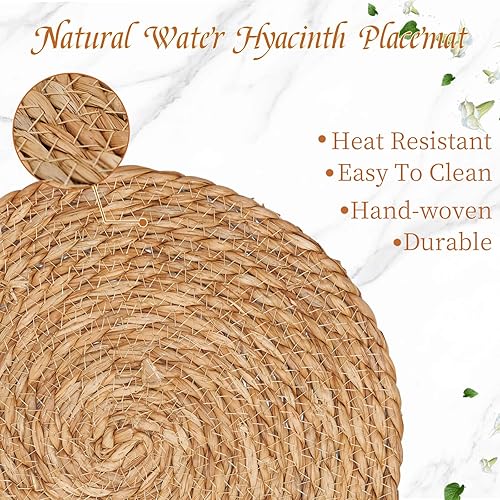 Miniatura 2 de Juego de 4 manteles individuales redondos tejidos de 13.7 pulgadas, manteles individuales bohemios de ratán rústico trenzado de mimbre para platos