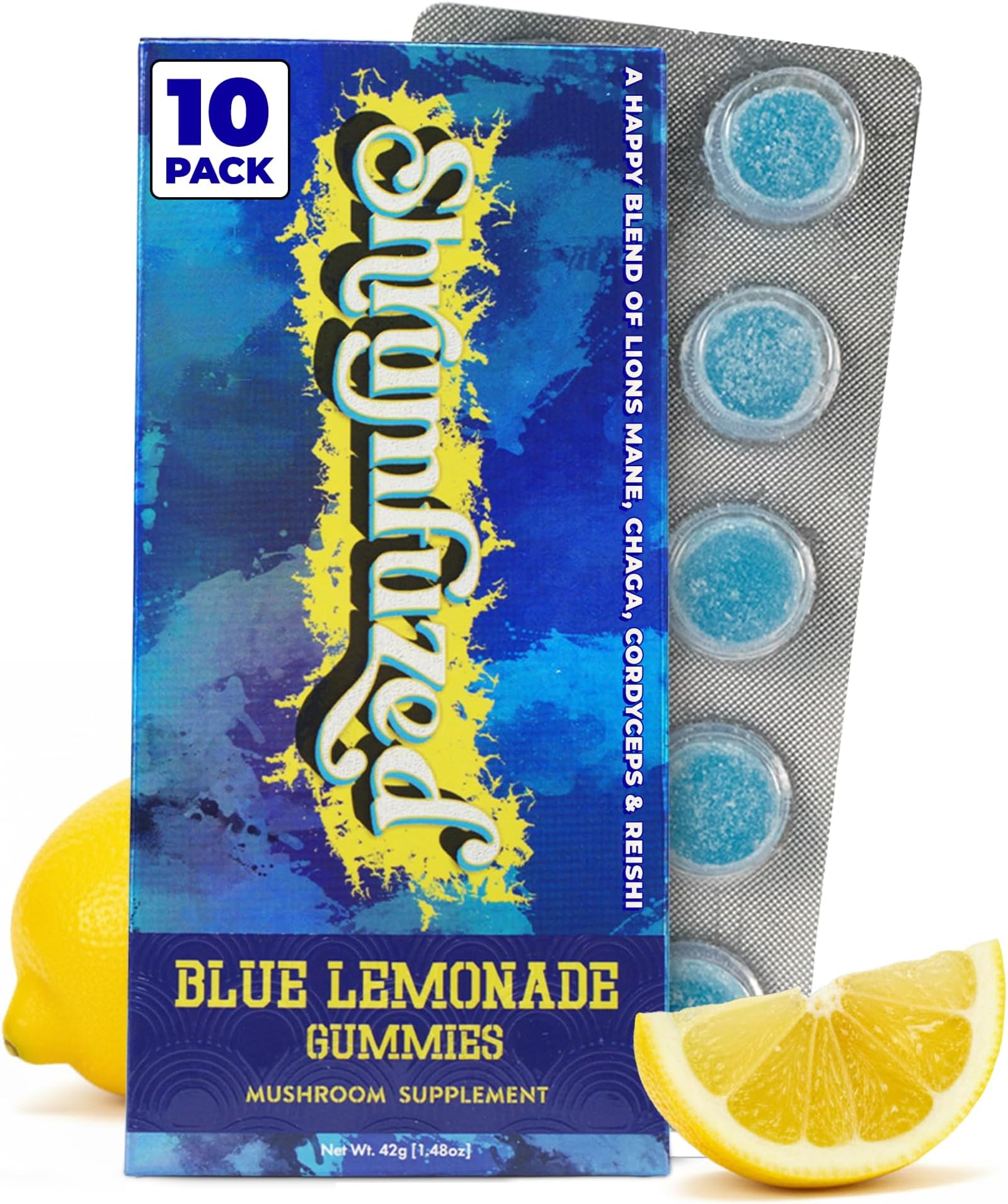 Shrumfuzed Mushroom Gummies | Nootropic Mushroom Supplement with Lion's Mane, Reishi, Cordyceps & Chaga | 10 Count, Blue Lemonade