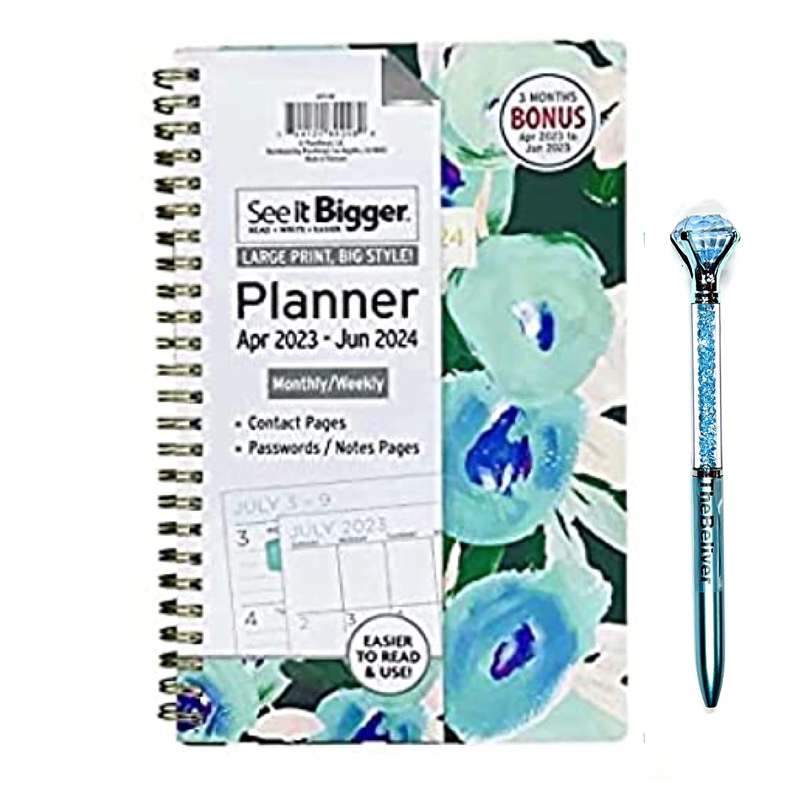 PlanAhead See it Bigger Monthly Weekly Planner Medium (5.5″X 8.75″) Blue Floral 15-month Oct 2025-Dec 2026 Soft Cover Spiral Bound, Medium Size and 6 in 1 Multicolor Ballpoint Colorful Ink Pen.