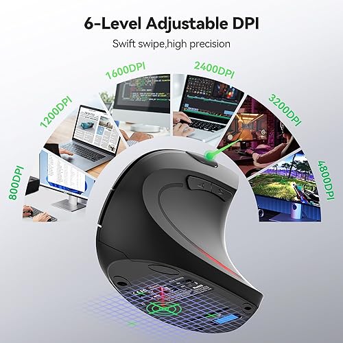 Miniatura 4 de TECKNET Jiggler Ratón ergonómico, mouse vertical inalámbrico Bluetooth de 4800 DPI con 6 niveles de DPI ajustables, 2.4 GHz (USB A y C), mouse de
