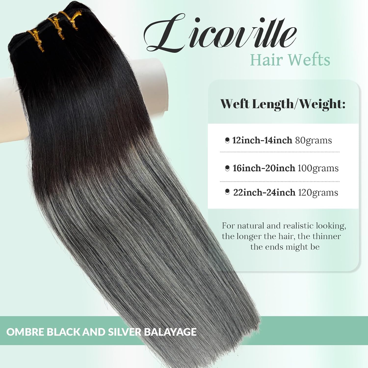 Human Hair Weft Extensions #1B Black to Silver Grey Balayage Sew in Hair Extensions Real Hair, 18 Inch 100G, Black with Grey Highlights Silky Remy Human Hair Bundles for Sew in/Clip in