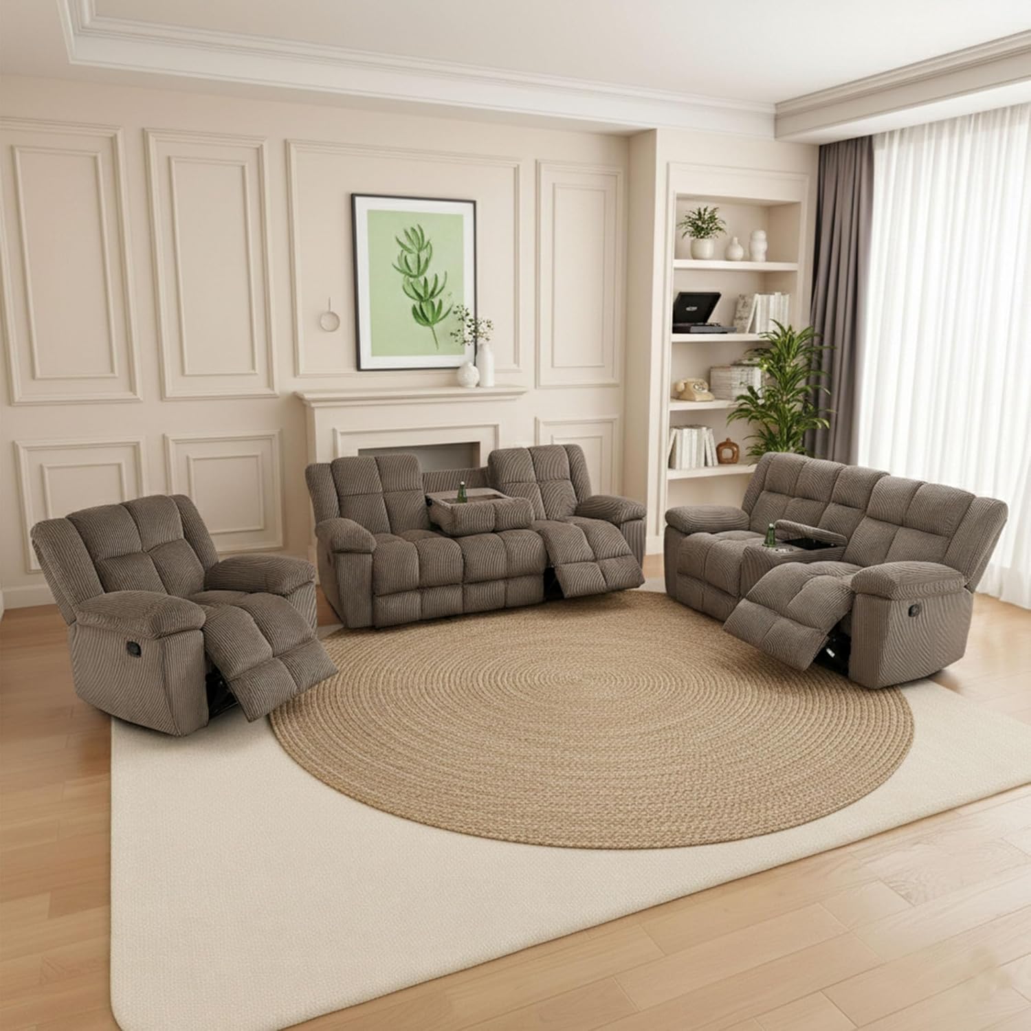 Recliner Sofa Set for Living Room, Corduroy Fabric Living Room Furniture Set, 3 Piece Manual Reclining Sofa Loveseat Chair Set with Drop Down Table&Storage Console (Brown, 3 PCS Couch Set)