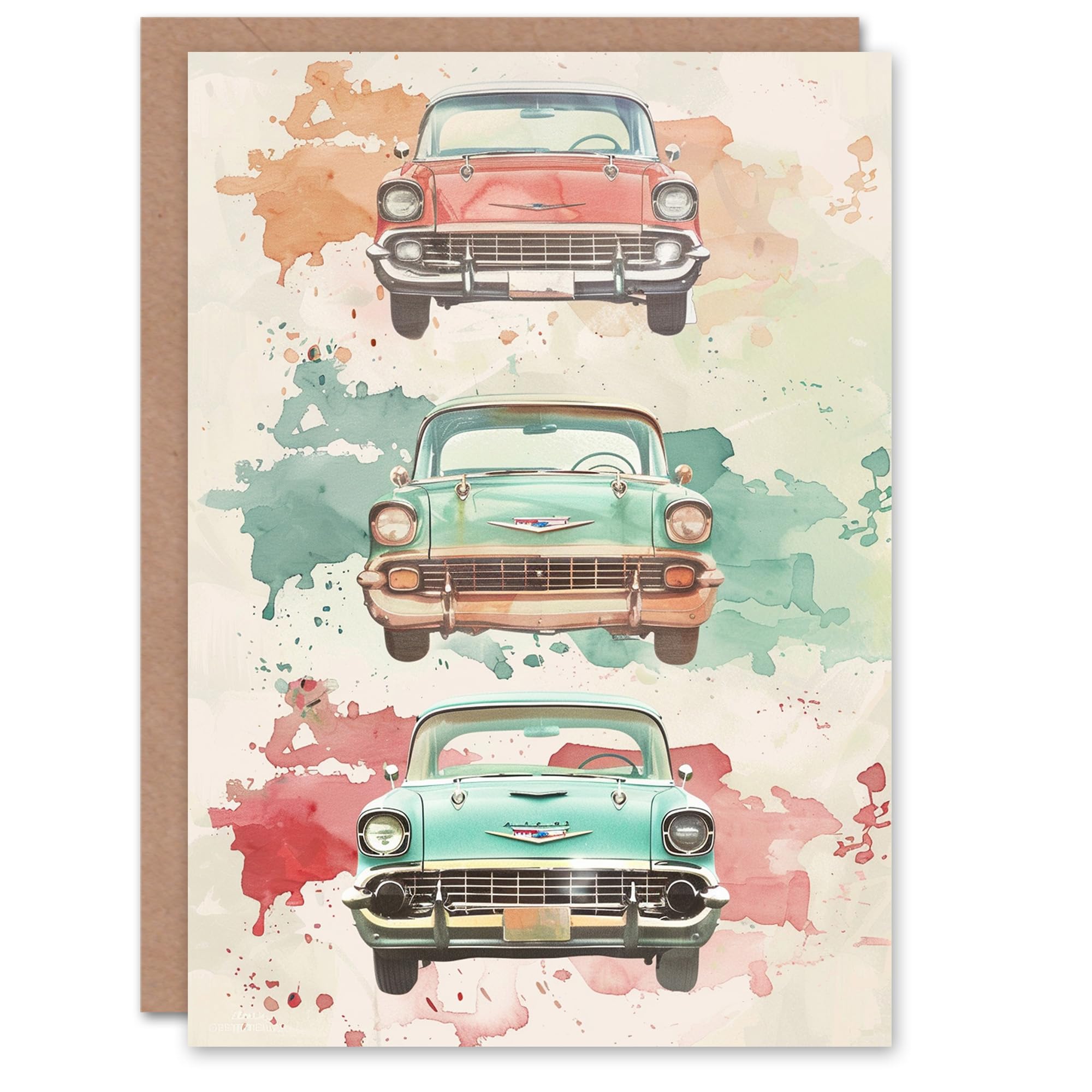 Artery8 Vintage Car Lover Pastel Watercolour Paint Splat Blank For Him Or Her Art Birthday Card