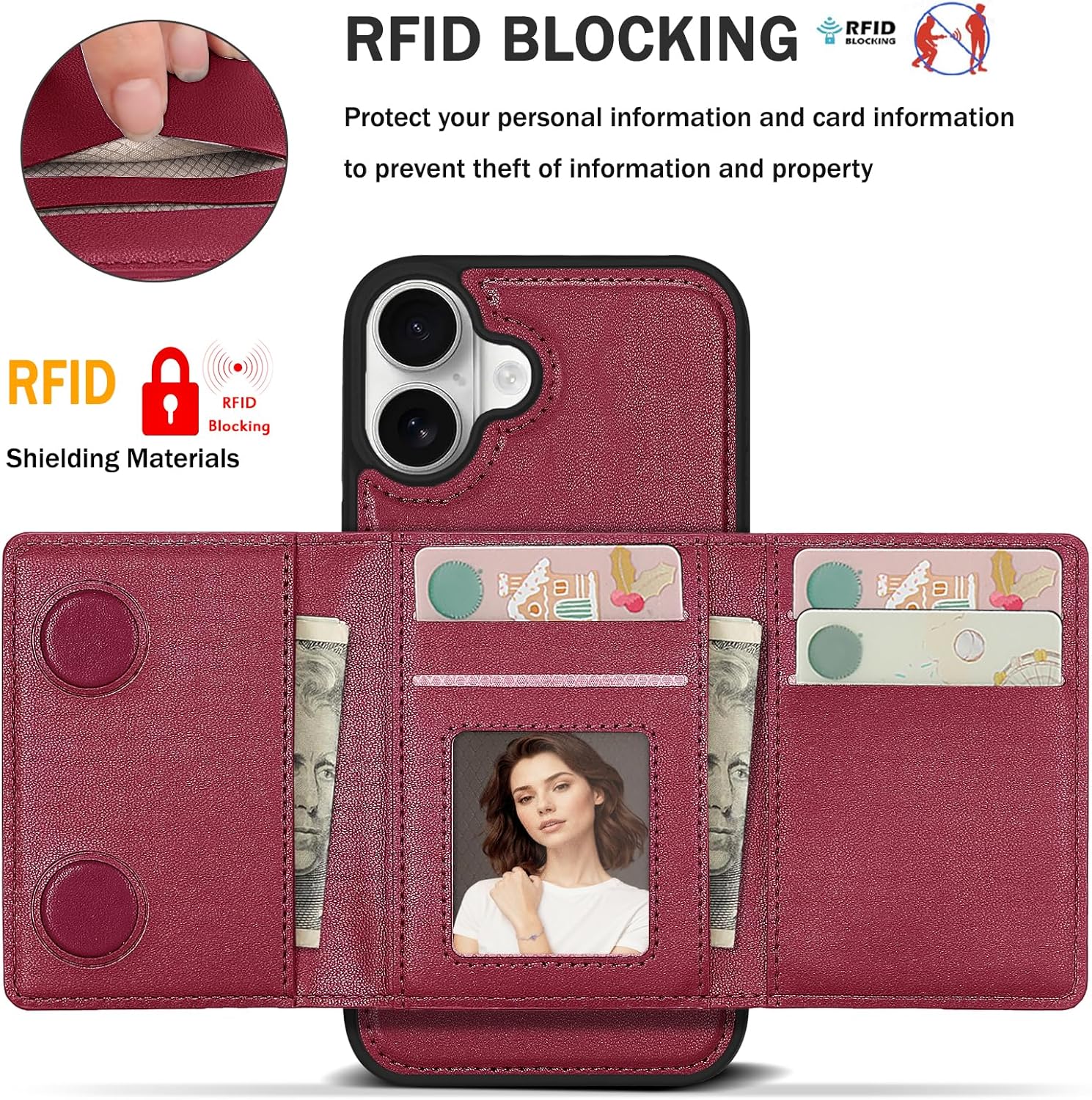 for iPhone 16 Wallet Case, 2-in-1 Detachable Wallet Case, Card Holder RFID Blocking, Fashionable Faux Leather Card Slot & Folding Design (Red 6.1'')