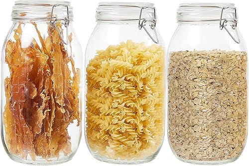 Paquete de 3 tarros de vidrio de 68 onzas con tapas herméticas, recipientes de almacenamiento de alimentos con clip de alambre de sellado