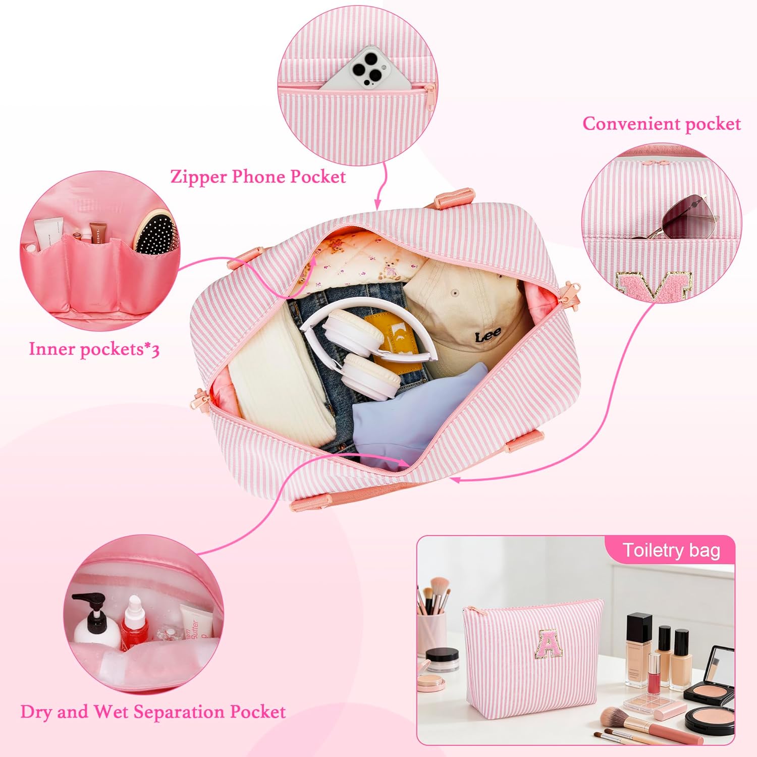 Girls Overnight Weekender Duffle Bag with Shoe Compartment Travel Carry On Teenager Girl Gifts Dance Cheer Gym Bag Personalized Initials Birthday Gifts for Teenage Kids Women(Pink-A)