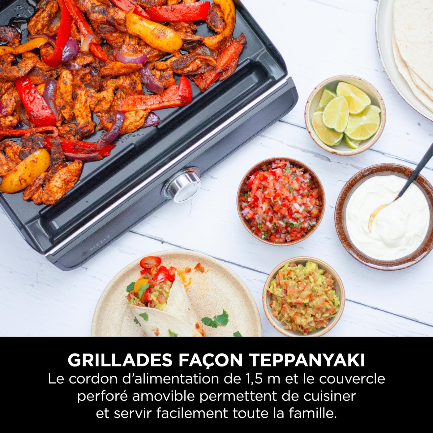 Ninja Sizzle Grill électrique d'intérieur, plancha GR101EU | avec plaque grill antiadhésive, couvercle compatible lave-vaisselle, collecteur de graisse, et guide de recettes