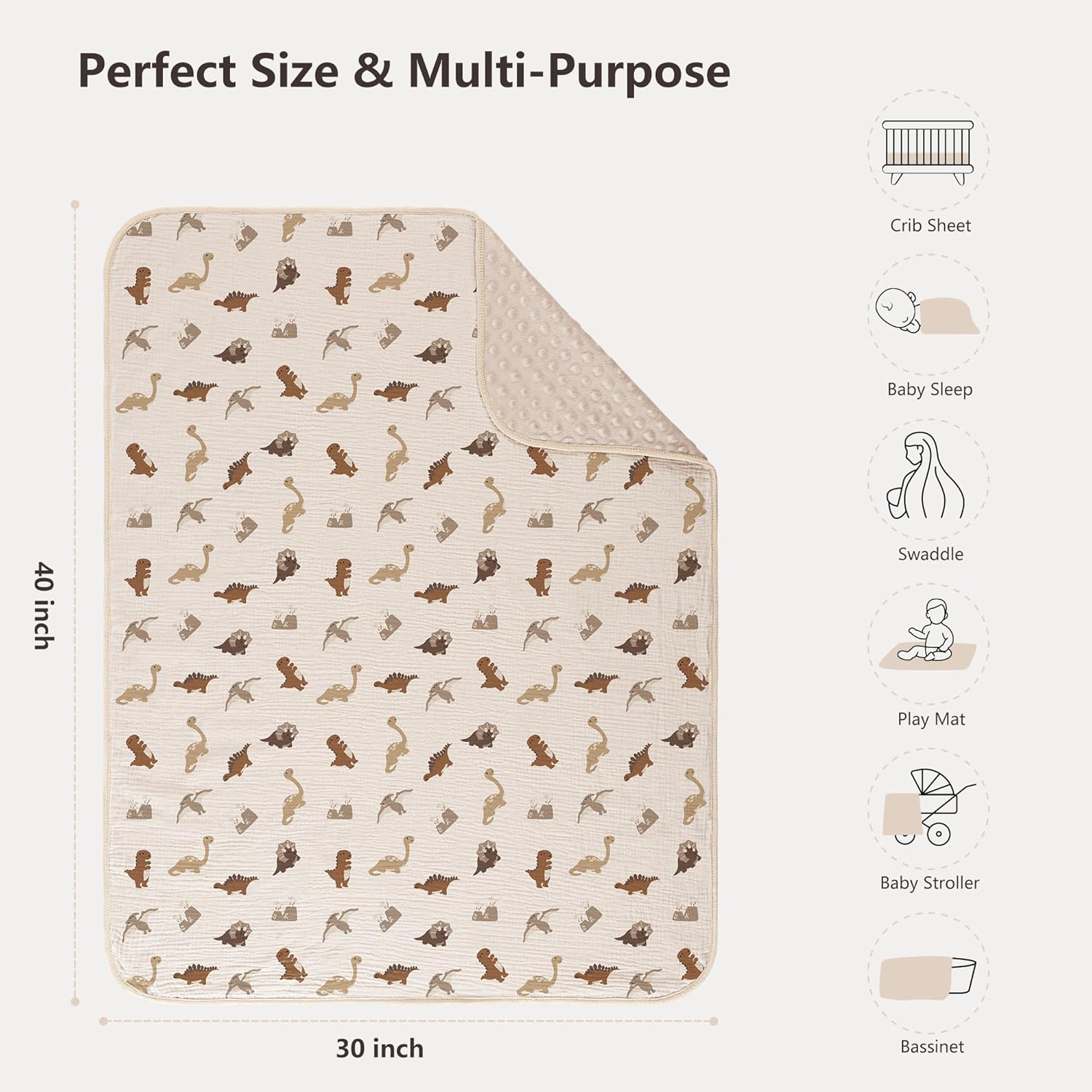 Susurration Baby Blanket for Unisex Boys Girls, 2 Pack Soft Fluffy Crib Blankets with Muslin Cotton Front and Dotted Fleece Back, Receiving Blanket for Baby Newborn Infant, 30x40inch, Dinosaur&Cream
