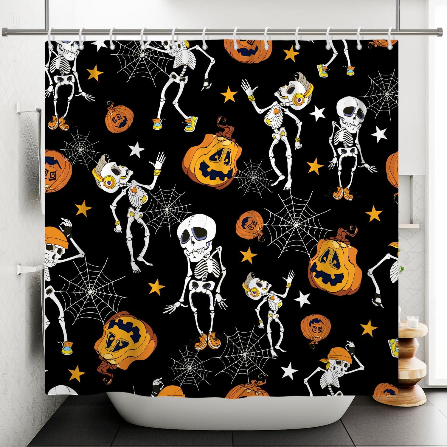 ASDCXZ Halloween Shower Curtain 165x180 cm, Dancing Skull Skeleton and Pumpkins Funny Black Festival Shower Curtains Washable Bathroom Decor Waterproof Polyester Textile Bathtub Curtain with 12 Hook