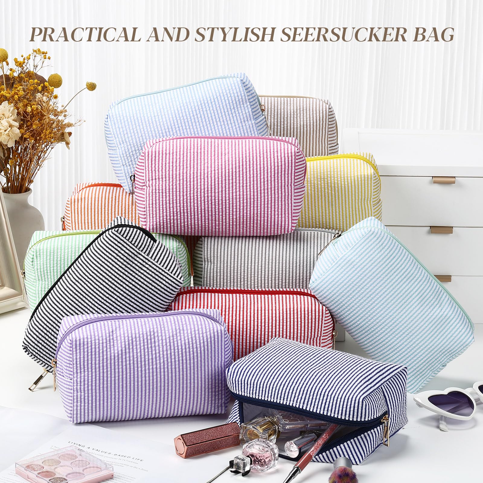 Sanwuta Bolsas de cosméticos de sirsaca a granel, bolsas de maquillaje a rayas para mujer, bolsa grande de almacenamiento preparada, organizador de viaje para boda, dama de honor, novia, regalo para