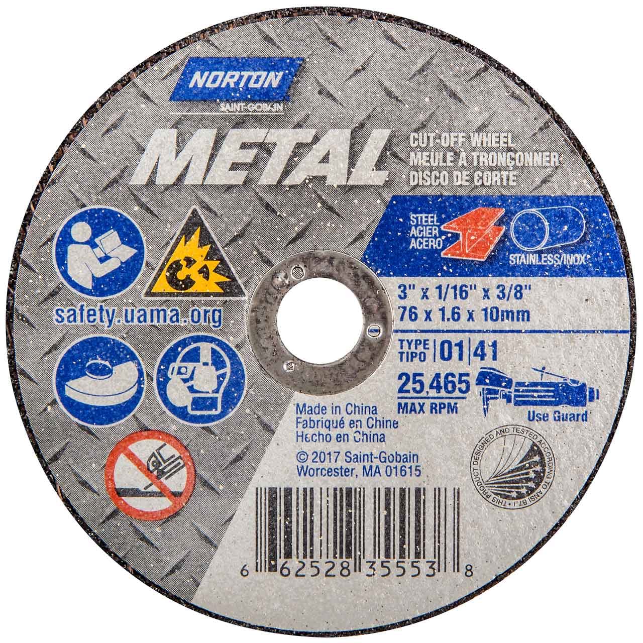 Norton 66252835553 3x1/16x3/8 in. Metal AO Small Diameter Reinforced Cut-Off Wheels, Type 01/41, 36 Grit, 25 Pack