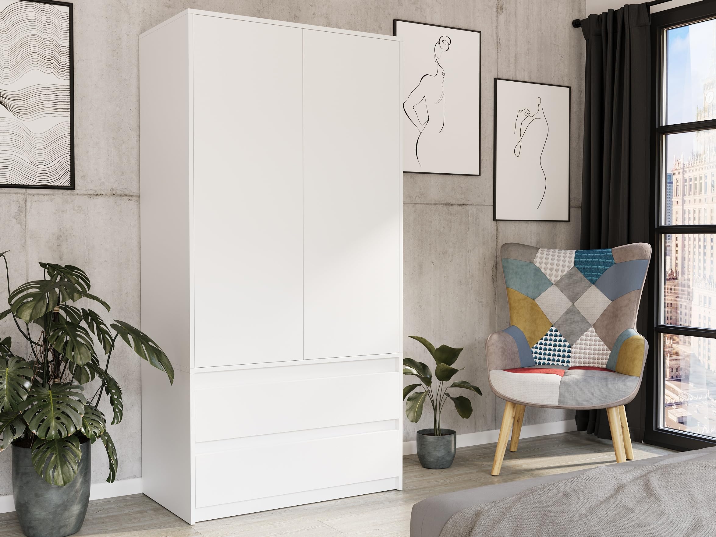 Kleiderschrank weiß 90x51x180 cm – Schrank mit 2 Türen, 4 Regalfächern & 2 Schubladen, modernes Design für Schlafzimmer, Flur und Wohnzimmer