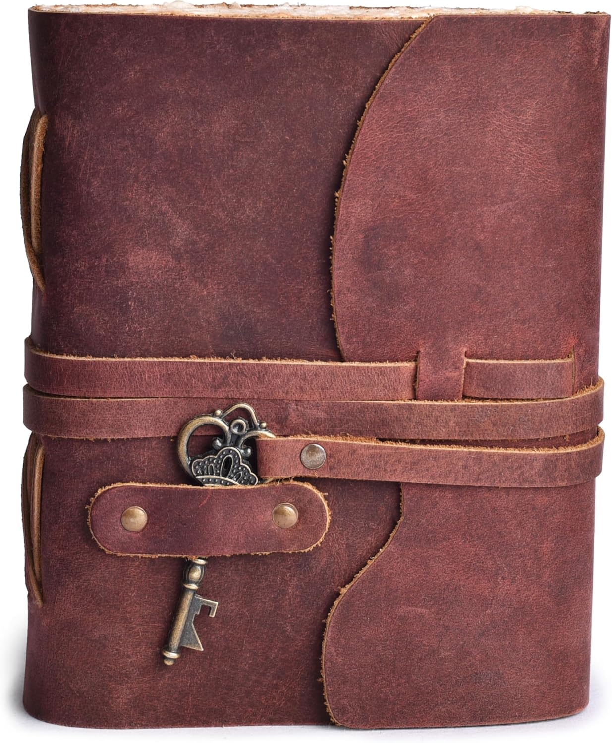 LEATHER VILLAGE Vintage Leather Journal – 200 Handmade Vintage Deckle Edge Paper – Leather bound Journal For Women Men – Vintage Key Closure - Book of Shadows - Red Brown - 10X7 inches