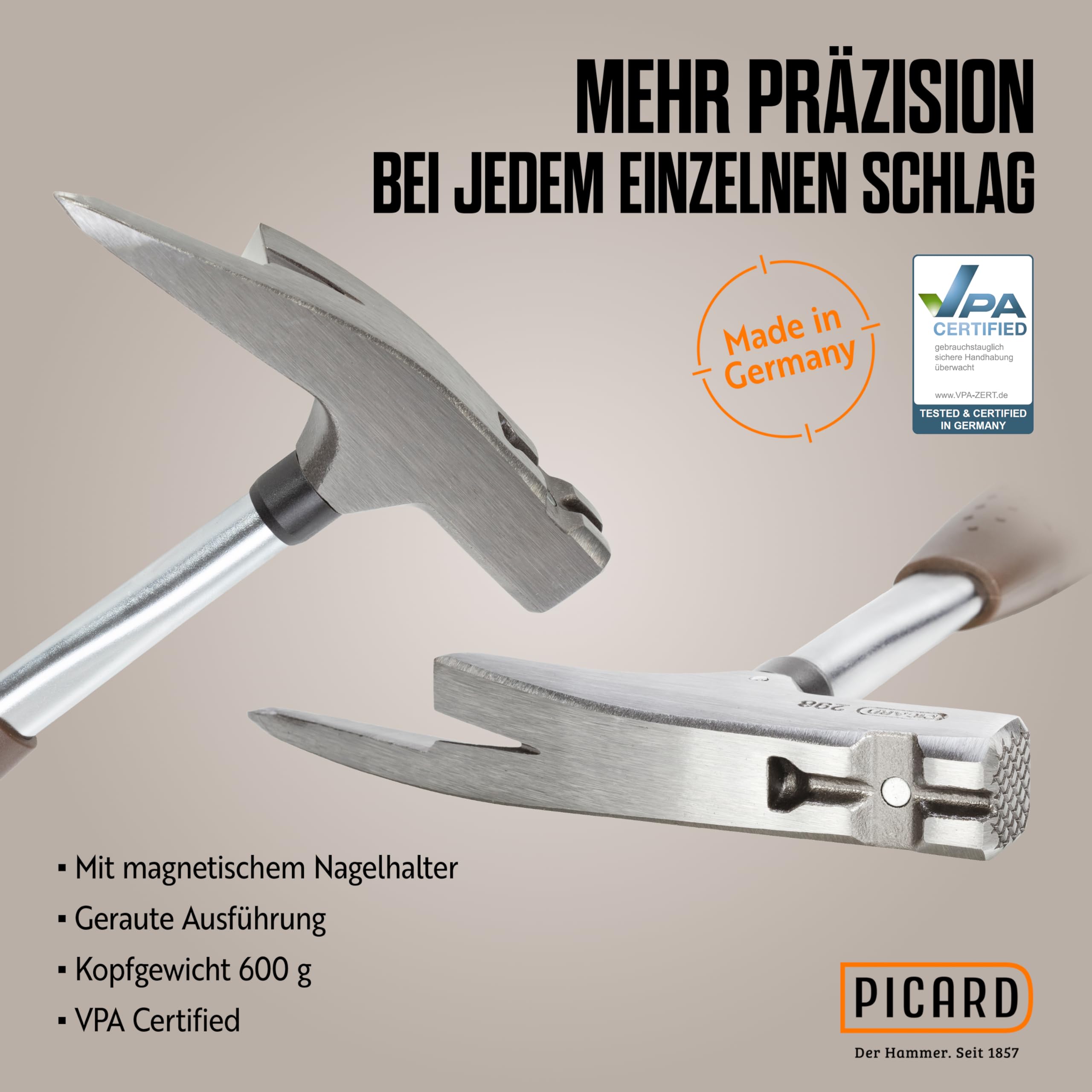 PICARD Młotek ciesielski nr 298 + łom do gwoździ | waga główki 600 g | chropowata ścieżka | magnetyczny uchwyt na gwoździe | ochrona przed korozją | rurowy trzonek ze stali chromowo-molibdenowej |