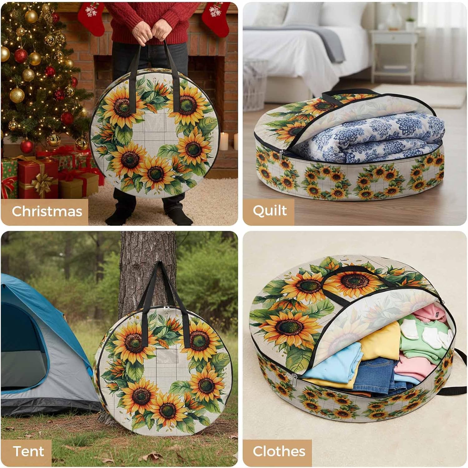 Spring Sunflower Wreath Round Storage Bag 30 Inch, Watercolor Floral Linen Texture Clothes Storage Container with Handles Heavy Duty Organizer for Comforter, Bedding & Holiday Wreaths