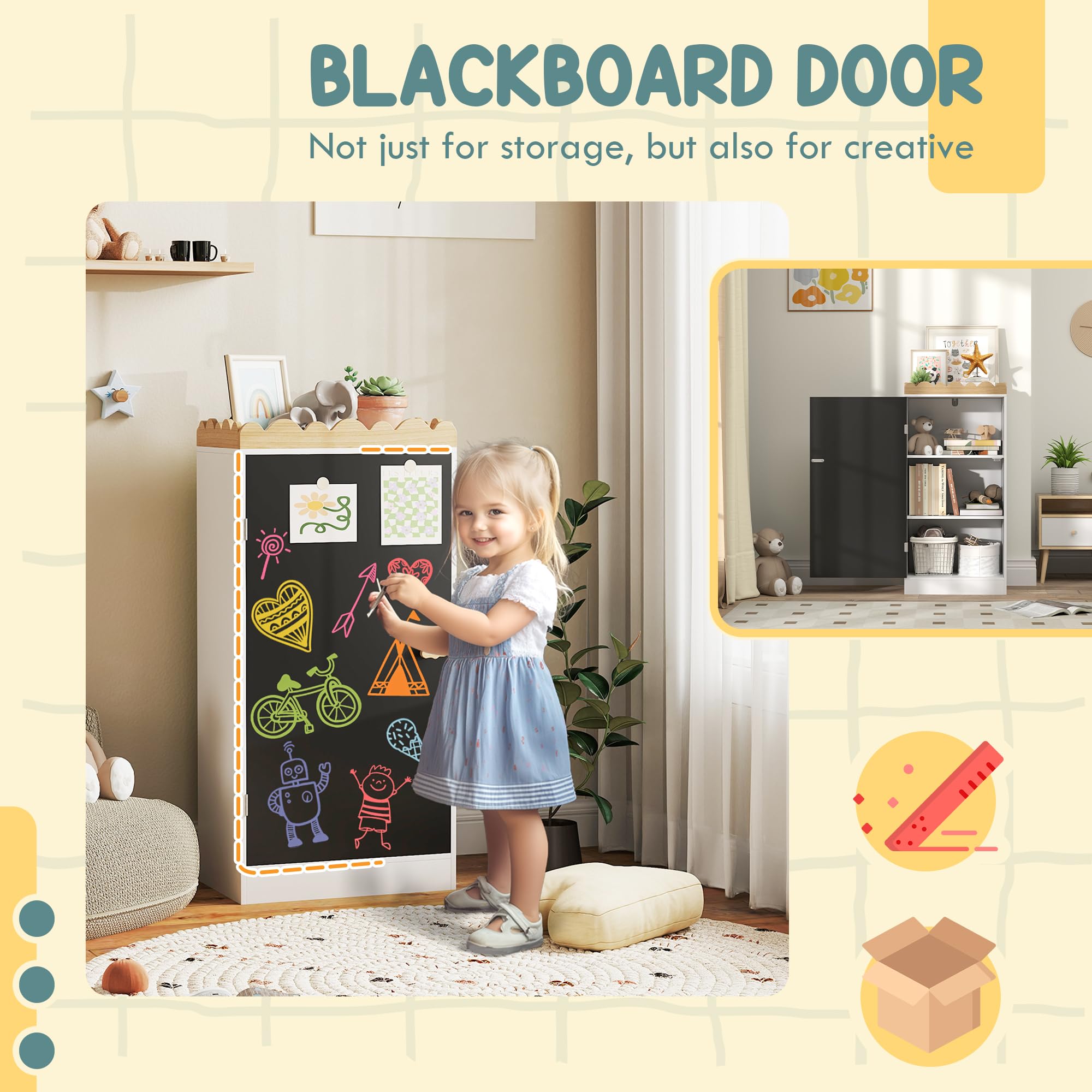 AIYAPLAY Contenitore per Bambini, Contenitore per Giocattoli per Bambini, Armadio per Bambini con Anta a Lavagna, 3 Scomparti e ripiano Superiore per Camera da Letto, Stanza dei Giochi, cameretta,