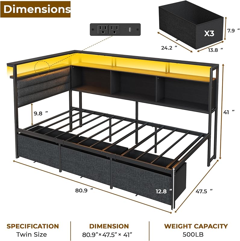 OURPIC Twin Corner Bed Frame with Upholstered headboard,3 Storage Drawers image 2