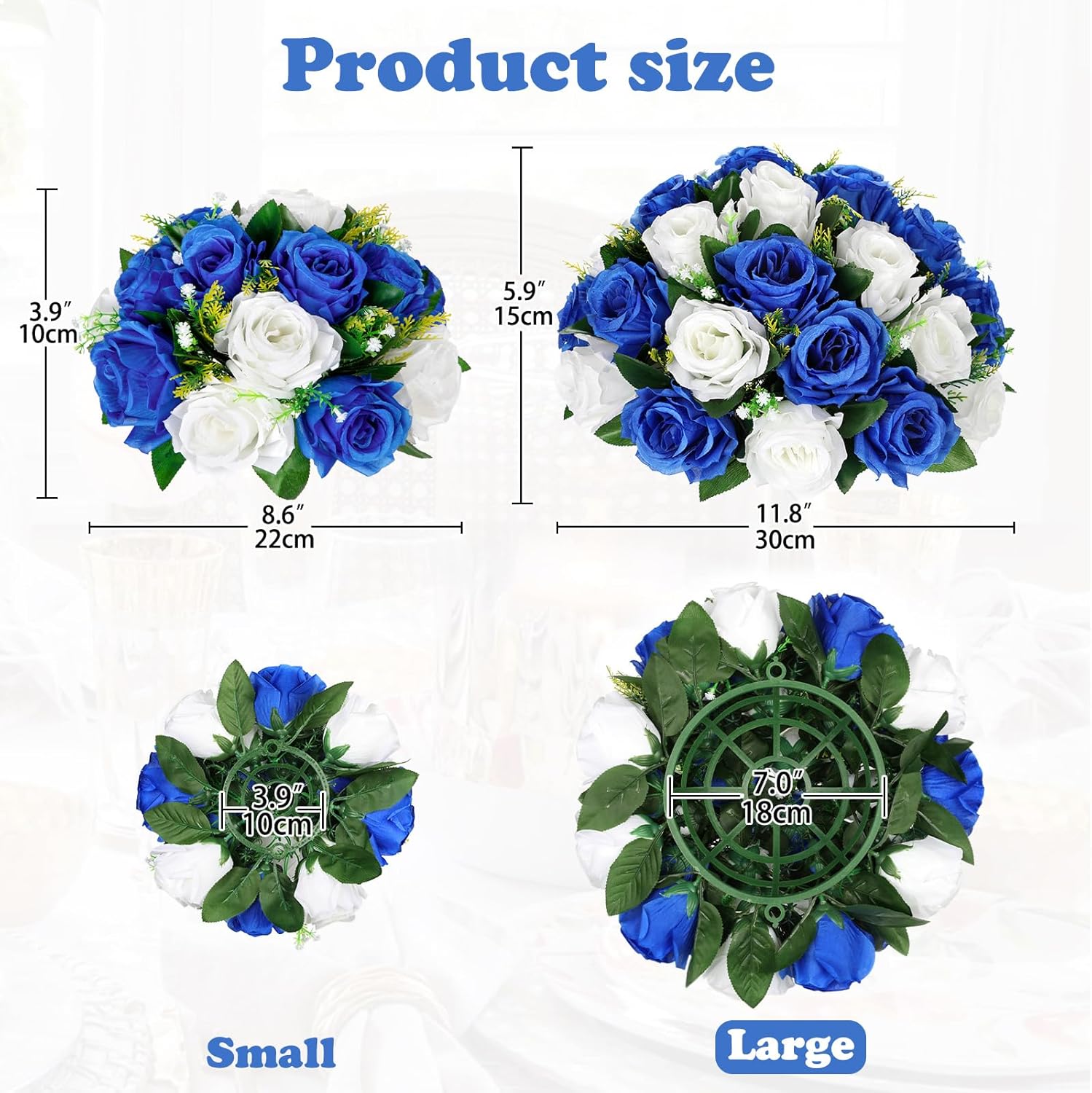 Briful Fake Floral Balls for Centerpieces - 2PCS 11.8" Large Faux Rose Flower Arrangement Silk Flower Bouquet for Home Wedding Party Anniversary Table Vase Flower Stand Decor(Blue White)