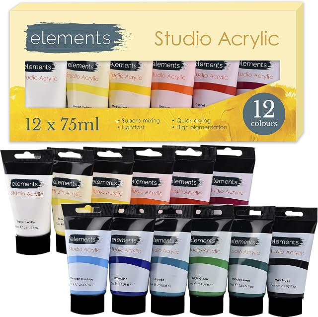 Elements Studio Acrylic Paints - Set of 12 / 75ml Tubes - Student Quality Non-Toxic Paint Smooth Rich Highly-Pigmented Colours for Heavy Canvas, Paper, Rocks, Glass, Clay, Wood and More Surfaces