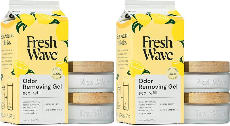 Removedor de Odores em Gel Fresh Wave com Refil Eco e Aroma de Limão, 1,79 kg, 2 Frascos de Vidro Reutilizáveis