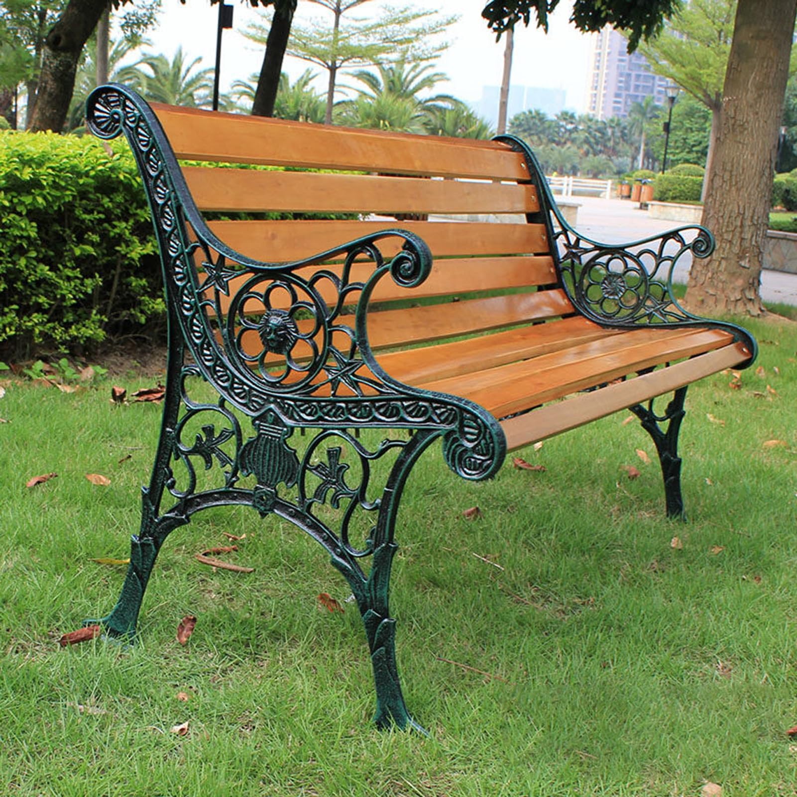Exterior Banco de Jardín de Madera Y Hierro Fundido | Parque Banco for 2-3 Personas, Asiento de Láminas con Respaldo y Reposabrazos, Banco de Porche(Natural B,47.2x22.8x28.3'')