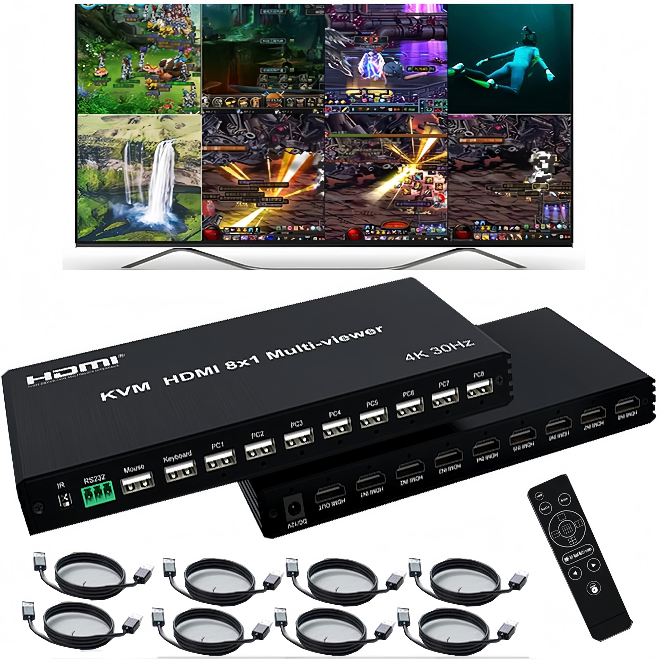HDMI Multiviewer 4K 8×1 with KVM PIP 8HDMI/8PC in 1 Out Seamless Switch 1 4 6 8 Way Divider 16 View Modes Supports USB Mouse Keyboard PC IR Remote RS232 Control 1x1 4x1 6x1 8x1 etc
