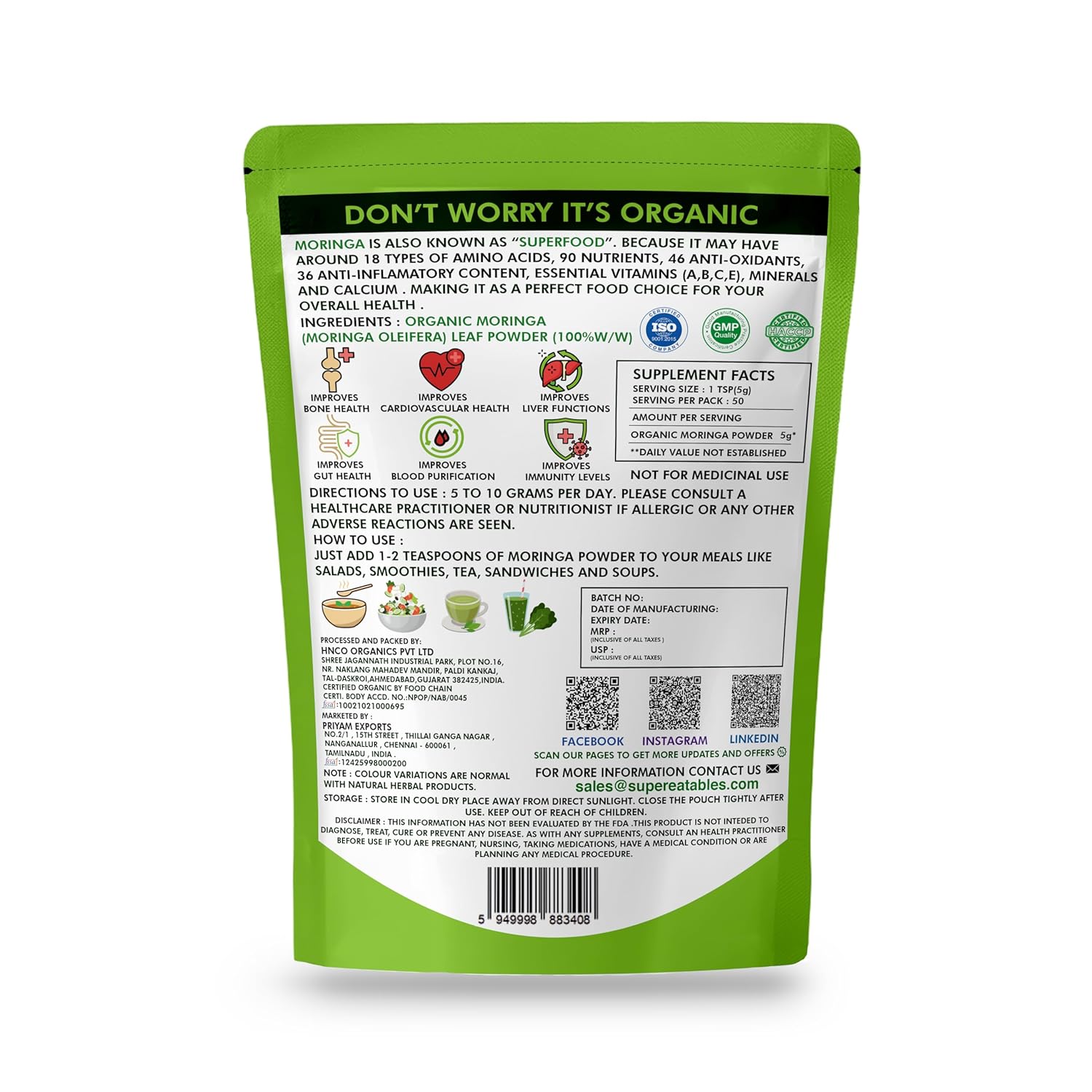 Super Eatbals 100% Organic Moringa Powder 250 G - USDA Certified | Vegetarian, gluten free, non-GMO | Drumstick leaves powder | Superfood Super Eatbals 100% Organic Moringa Powder 250 G - USDA Certified | Vegetarian, gluten free, non-GMO | Drumstick leaves powder | Superfood