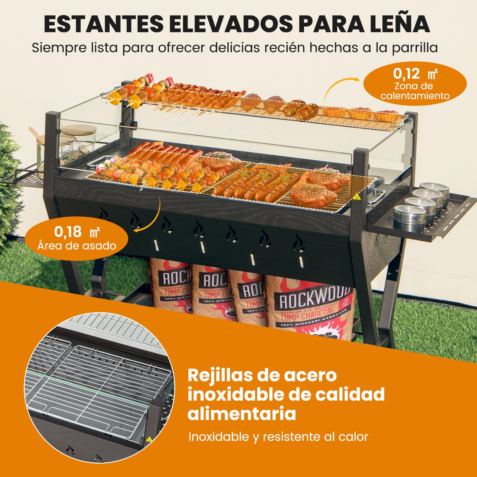 COSTWAY Barbacoa Carbón y Leña con Parrillas, Acero Inoxidable, Barbacoa Carbon con Protector Contra Viento, Estantes para Condimentos y de Almacenamiento, con Guantes