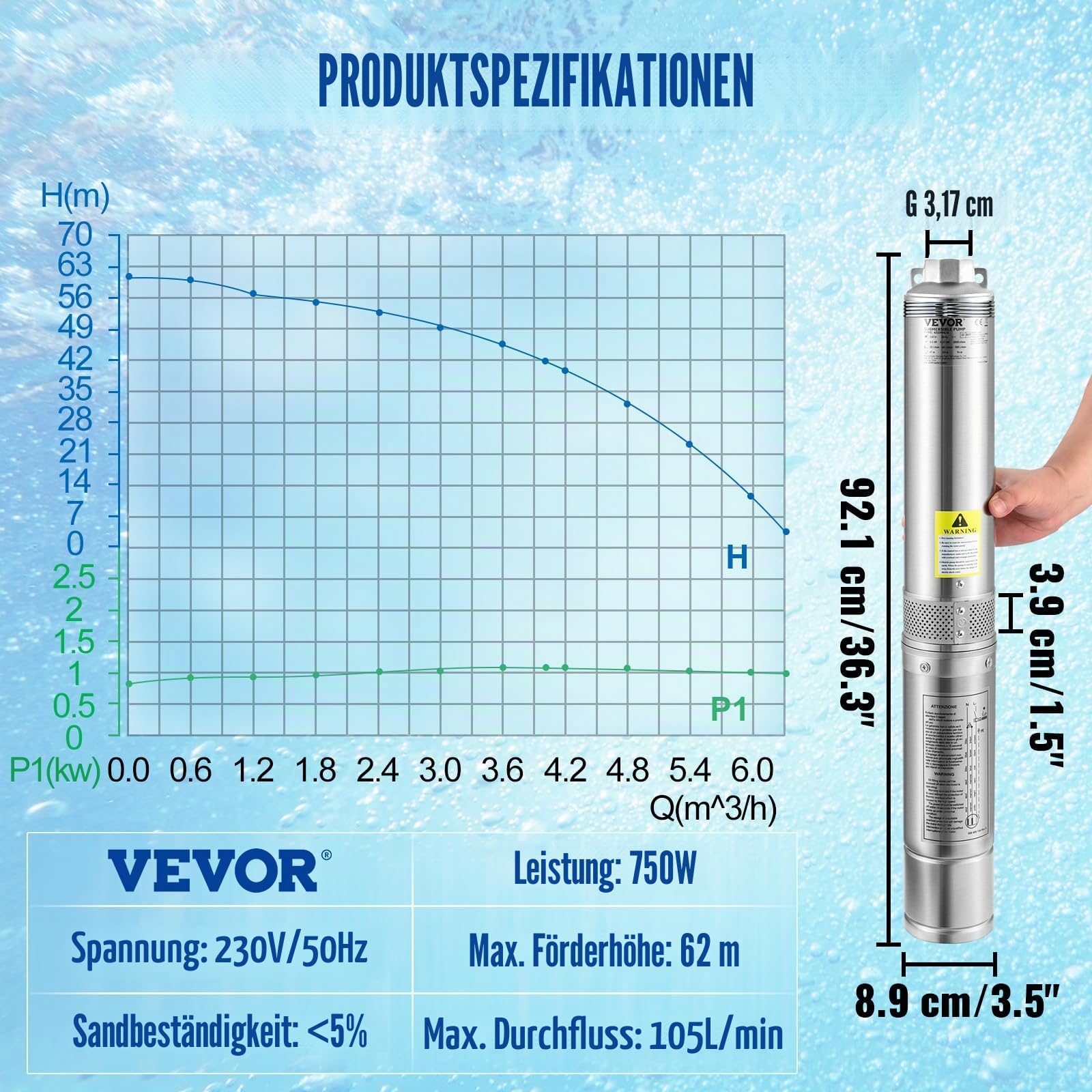 VEVOR 3, 5'' Tiefbrunnenpumpe 750W Brunnenpumpe 105L/min Tauchpumpe max. Förderhöhe 62m Rohrpumpe 230V 50Hz Sandpumpe IP68 Wasserpumpe mit 20m Kabel Pumpe Ideal zur Bewässerung, Silber