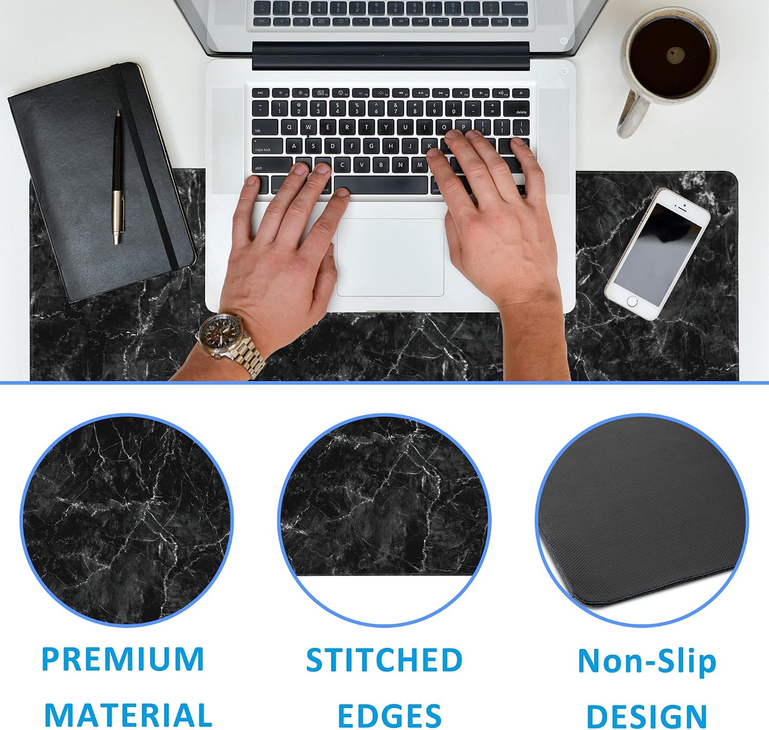 Black Marble Texture Desk Mat,Large Gaming Mouse Pad,Non-Slip Rubber Base Desk Pad with Stitched Edges for Desk Office Home Decor 35.4X15.7 Inch image 3