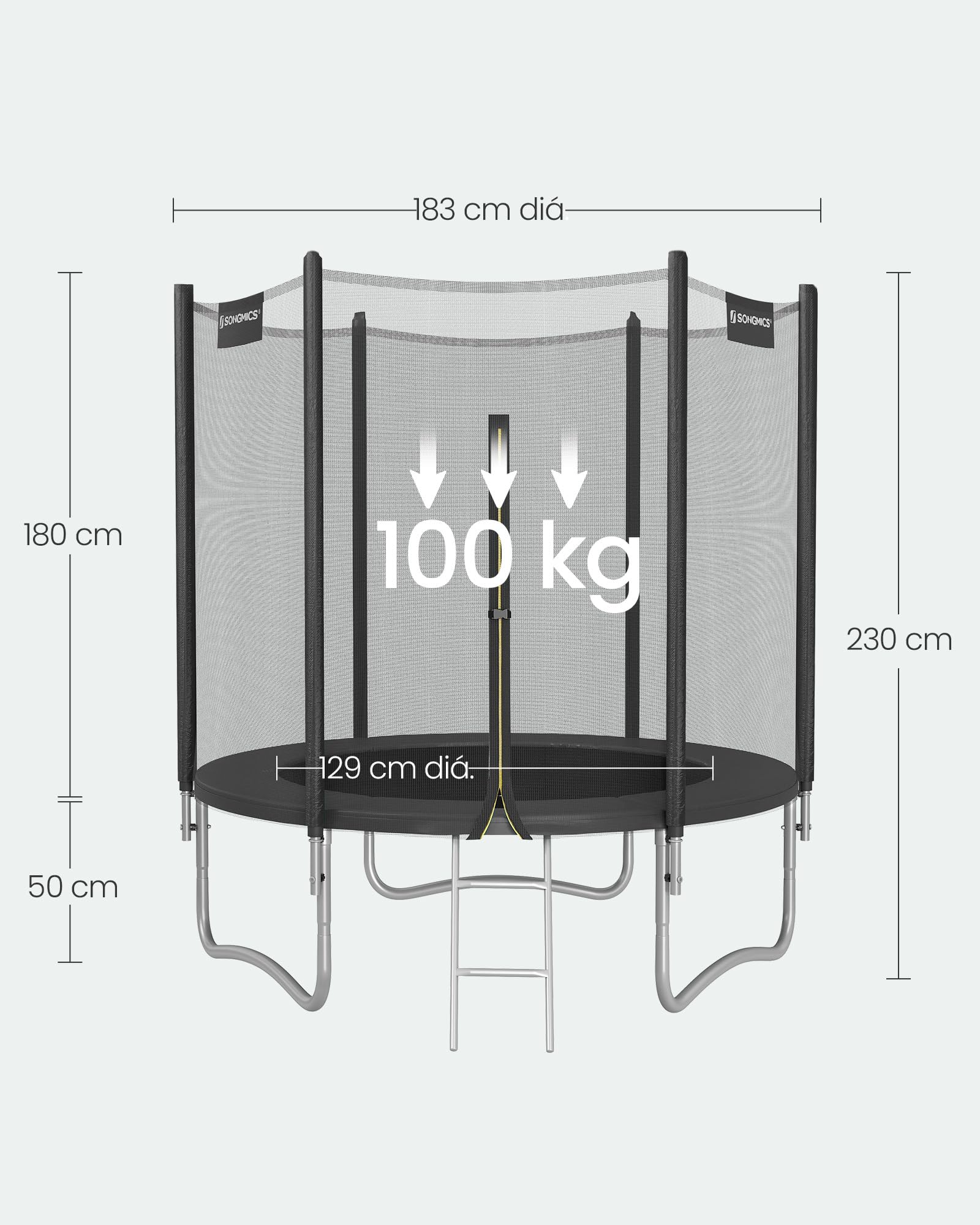 SONGMICS - Trampolín Exterior Infantil diámetro 183/244/305/366/427 cm, Red de protección Externa, Cojines de Seguridad, Escalera, Poste Recto de 180 cm de Alto, Marco de Acero