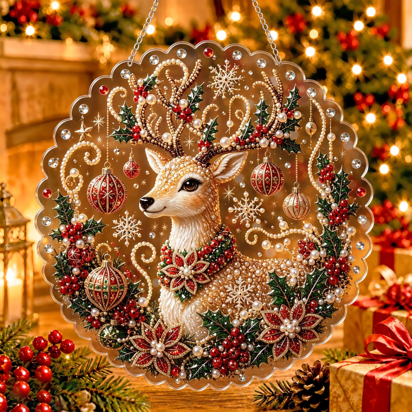 Christmas Pearl Diamond Painting Suncatcher Kit, DIY Acrylic Hanging Decor