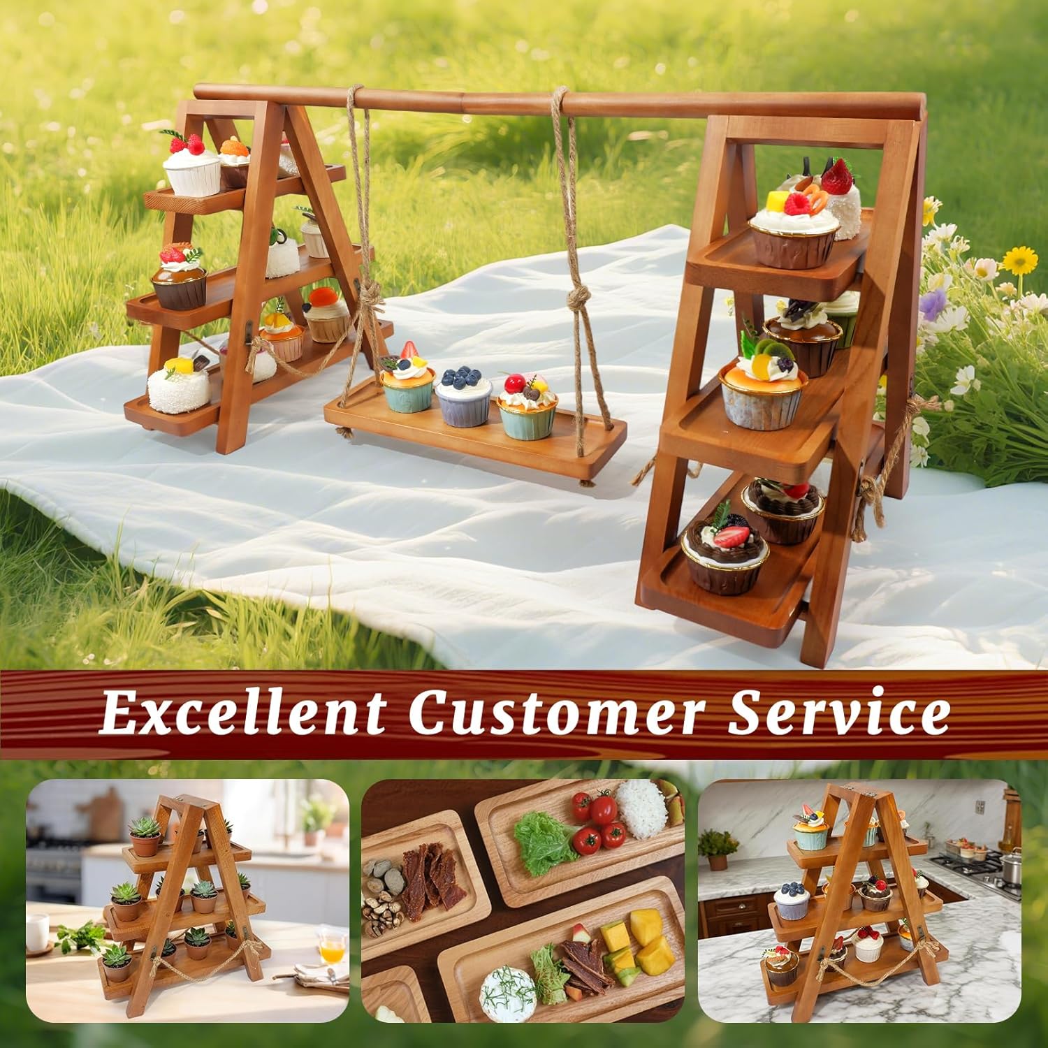 Rustic 3-Tier Cupcake Stand - Wooden Desserts Stand for Cakes,Pastries &Fruits - Removable Trays& Foldable Design-Perfect for Parties Home Events and Weddings-Ideal Gift For Party Enthusiasts