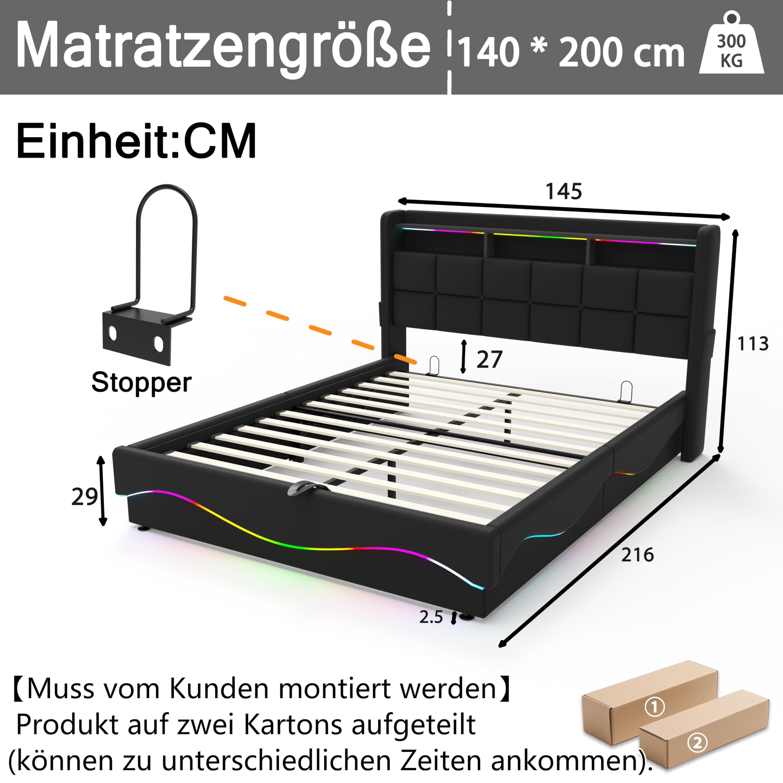 Cama de Almacenamiento Todo en Uno 140x200 cm con Luces LED, Estación de Carga USB/Type-C, Estantería para Cabecera y Gran Almacenamiento bajo la Cama, Cuero, Negro
