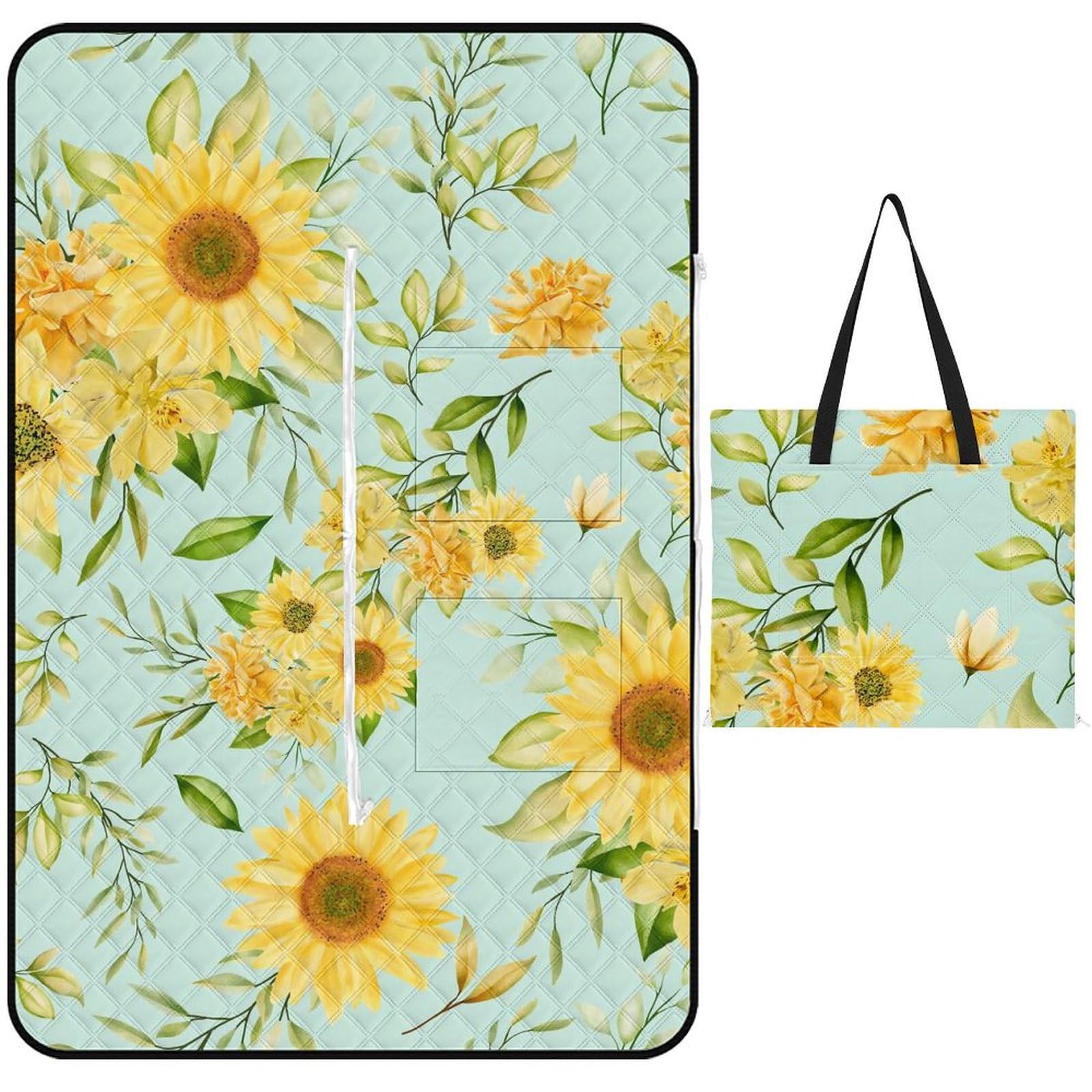 Hearda Sunflower Pattern Picnic Blanket, Camping Blanket with Handle Waterproof Beach Blanket Foldable Portable Tent Carpet, Beach Mat for Picnics, Outings, Outdoor (Green,100x150cm)